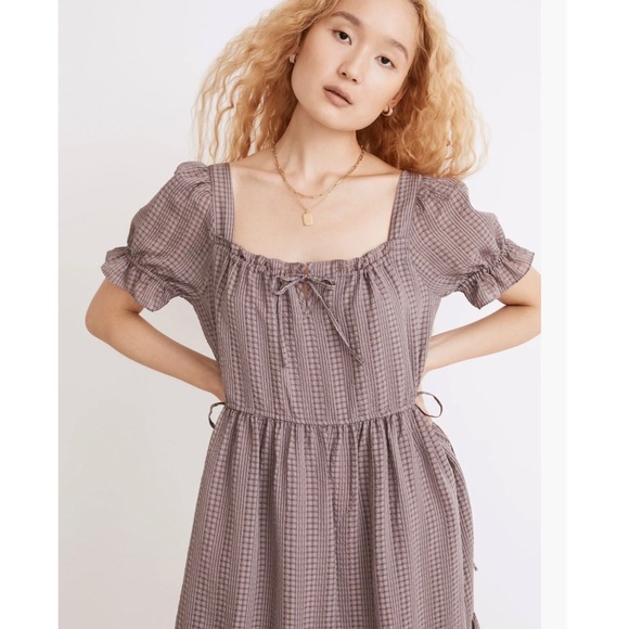 Madewell Dresses & Skirts - Madewell Mauve Square-Neck Tiered Midi Dress in Textured Seersucker L NEW
